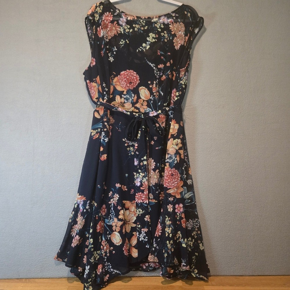 Roz & Ali Dress Womans Plus 22 Sleeveless Navy Blue Floral Chiffon Ruffle Midi - Picture 9 of 14